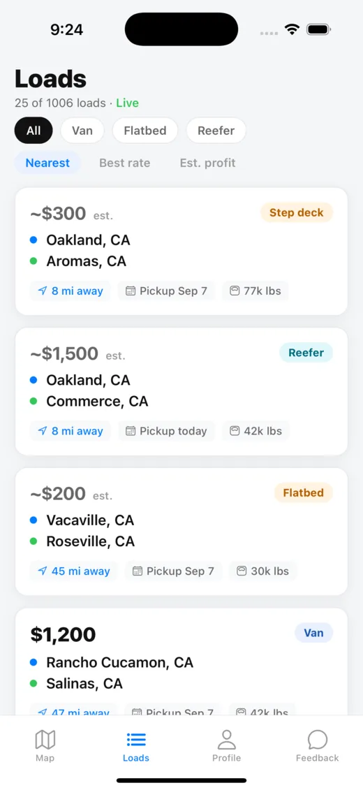 Freight Finder load list sorted nearest-first, with rate, equipment type, pickup date and miles away