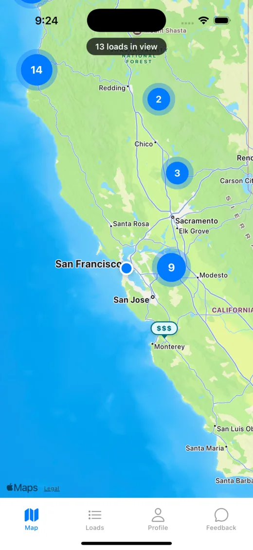 Freight Finder map view showing clustered truck loads around your location