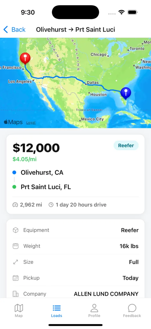 Freight Finder load detail with route map, rate per mile, weight, pickup date and Call Now